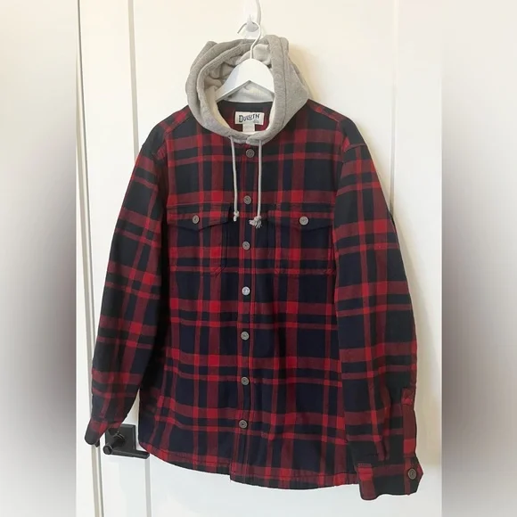 Duluth Trading Co Men Fire Hose Flannel Lined Hooded Limber Jac Red Blue Plaid M - Picture 2 of 9